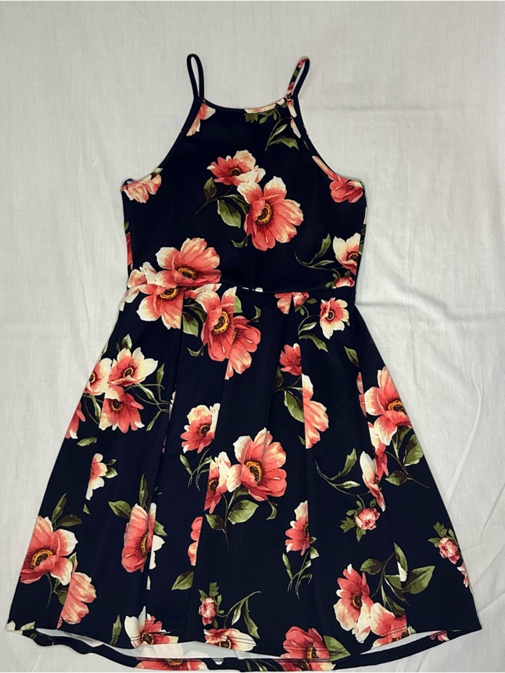 Monteau Black Floral Dress with Coral and Pink Blooms